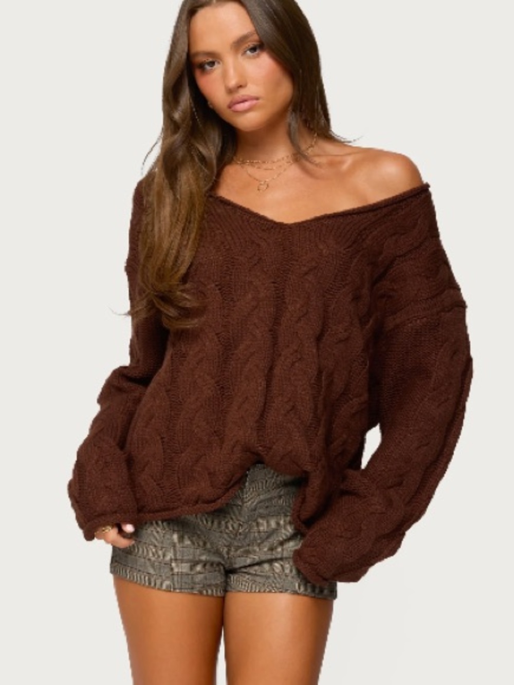 Edikted Chocolate Brown Off-the-Shoulder Cable Knit Sweater Rolled Hem XS